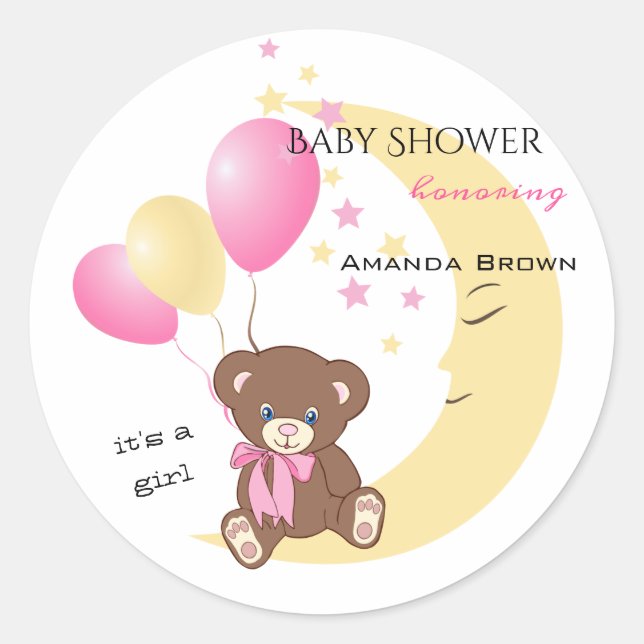 Teddy Bear Sitting on the Moon | Baby Girl Shower Classic Round Sticker (Front)