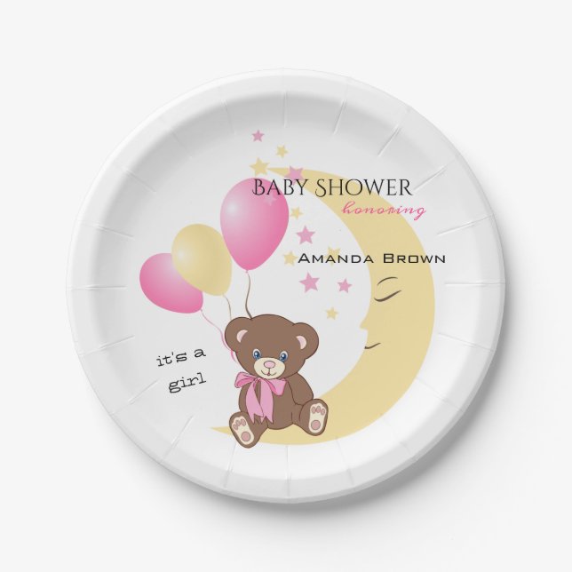 Teddy Bear Sitting on the Moon | Baby Girl Shower Paper Plate (Front)