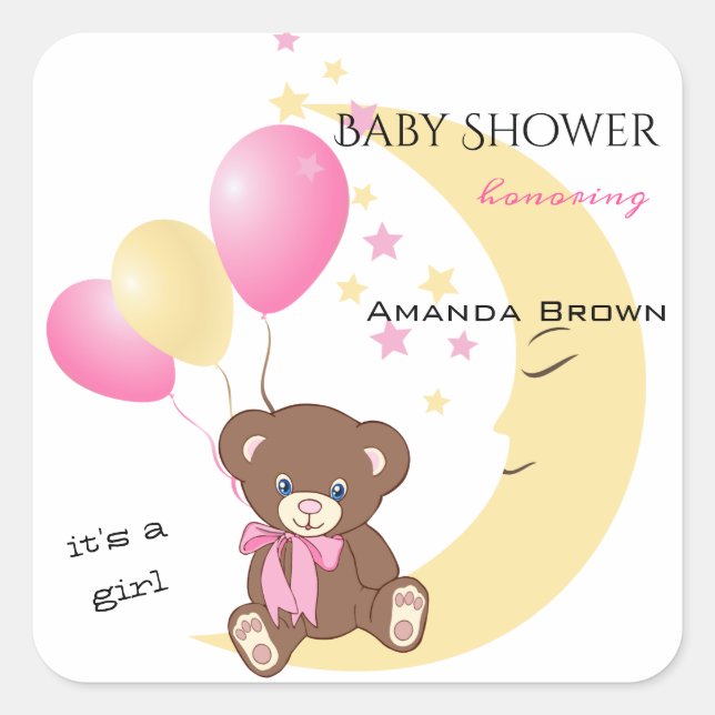 Teddy Bear Sitting on the Moon | Baby Girl Shower Square Sticker (Front)