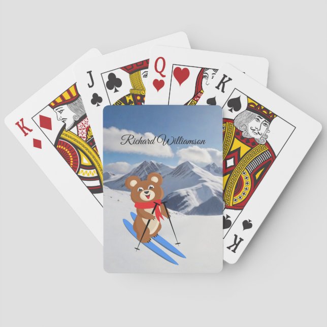 Teddy Bear Skier on snowy mountains Personalise Playing Cards (Back)