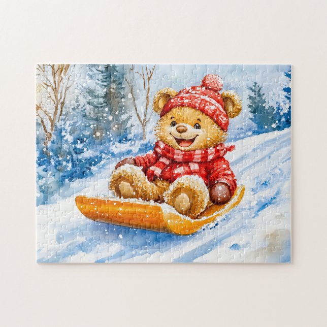 Teddy Bear Sledding Downhill in Winter Jigsaw Puzzle (Horizontal)
