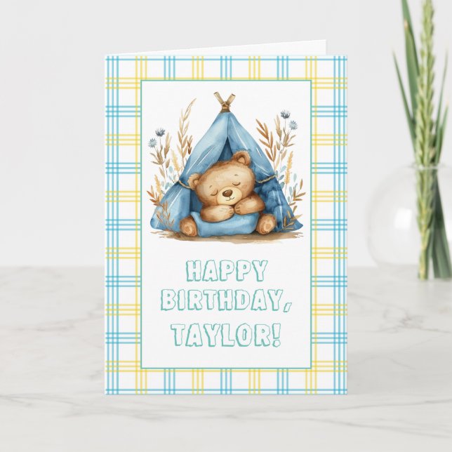 Teddy Bear Sleeping in tent #25 - Happy Birthday Holiday Card (Front)
