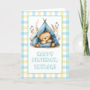 Teddy Bear Sleeping in tent #25 - Happy Birthday Holiday Card