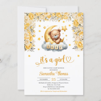 Teddy bear sleeping yellow flower girl baby shower invitation