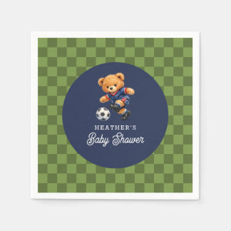 Teddy Bear Soccer Sport Checkboard Baby Shower Napkin