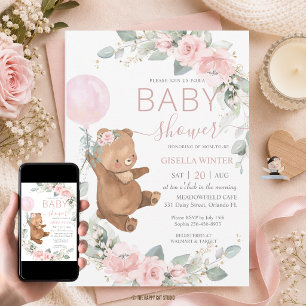 Teddy Bear Soft Blush Pink Floral Baby Shower Invitation