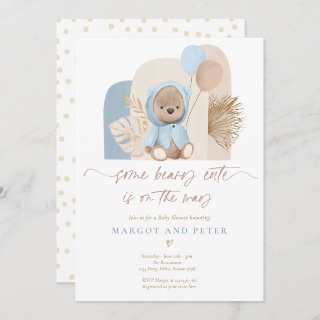 Teddy Bear Some Beary Cute Boho Baby Shower  Invitation (Front/Back)