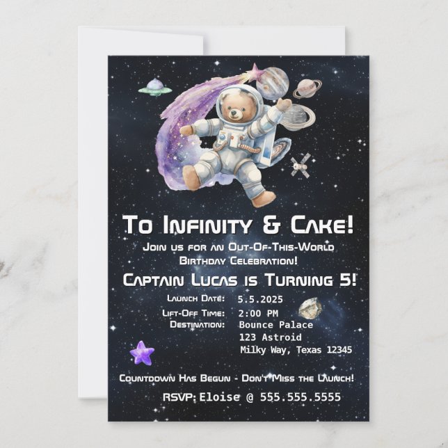 Teddy Bear Space-Themed Kid's Birthday Invitation (Front)