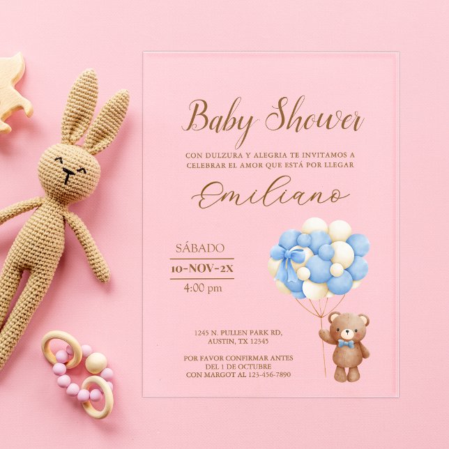 Teddy Bear Spanish Baby Shower Balloons Acrylic Invitations (Teddy Bear Spanish Baby Shower Balloons Acrylic Invitations)