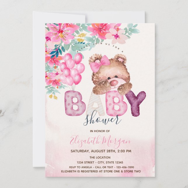  Teddy Bear Spring Flowers Baby Shower   Invitation (Front)