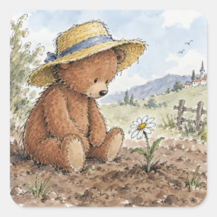 Teddy Bear Staring at a Growing Daisy Square Sticker