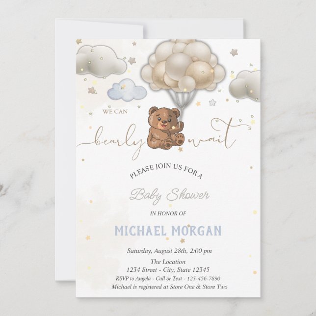  Teddy Bear Stars Balloons Clouds Baby Shower  Invitation (Front)