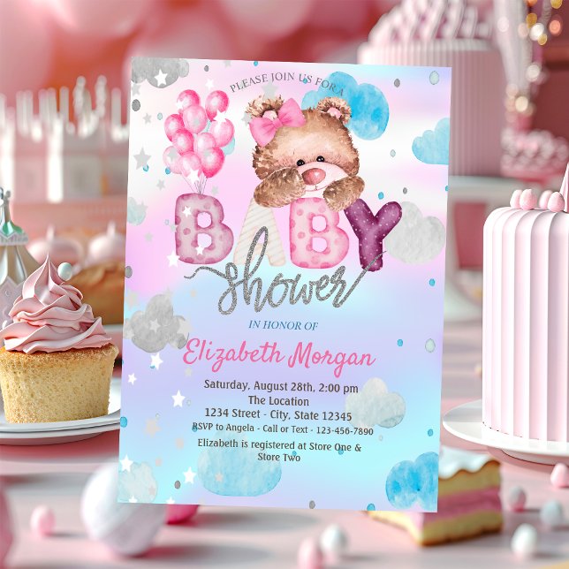 Teddy Bear Stars Clouds Holographic  Baby Shower Invitation (Creator Uploaded)