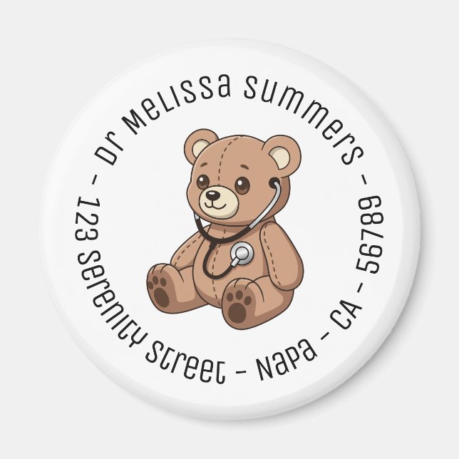 Teddy Bear Stethoscope Paediatrician Round Text Magnet (Front)