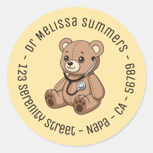 Teddy Bear Stethoscope Round Text Yellow Classic Round Sticker
