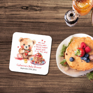 Teddy Bear Strawberry Pancake Brunch Baby Shower  Square Paper Coaster