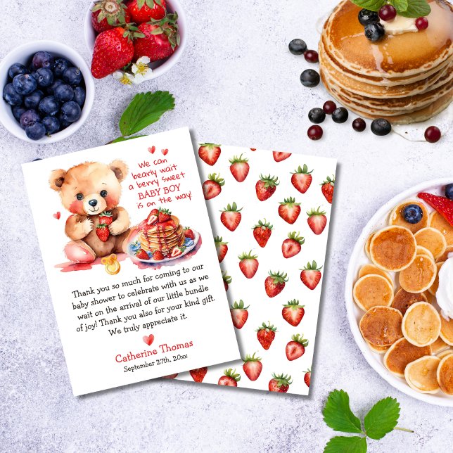 Teddy Bear Strawberry Pancake Brunch Baby Shower Thank You Card (Creator Uploaded)