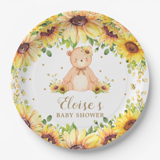 Teddy Bear Sunflower Baby Shower Birthday Party Paper Plate (Front)