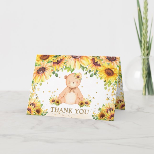 Teddy Bear Sunflower Floral Baby Shower Birthday Thank You Card (Front)