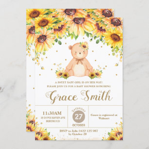 Teddy Bear Sunflower Floral Baby Shower Girl  Invi Invitation