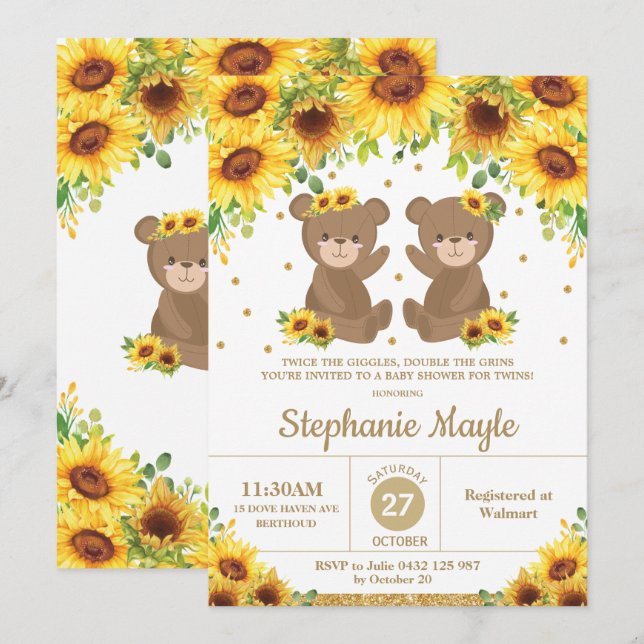 Teddy Bear Sunflower Floral Baby Shower Twin Girls Invitation (Front/Back)