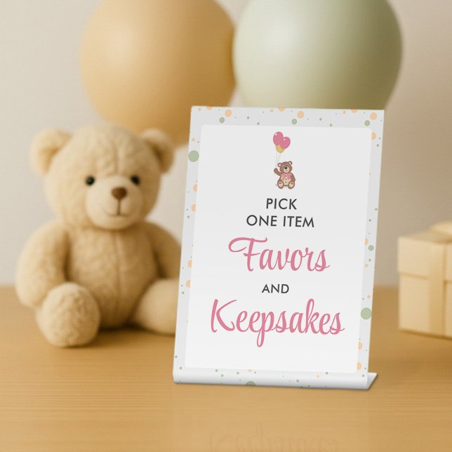 Teddy Bear Sweet Pink Baby Shower Favours Pedestal Sign (Creator Uploaded)