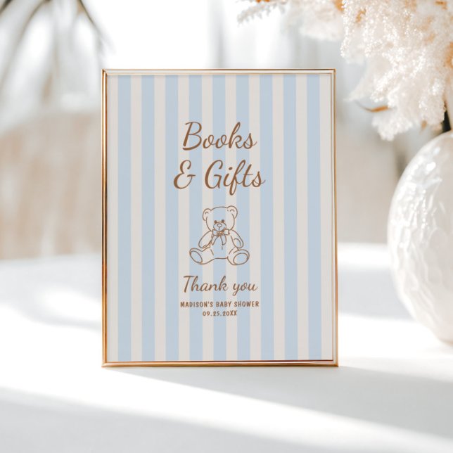 Teddy Bear Tan Blue Stripes Baby Shower Poster (Creator Uploaded)