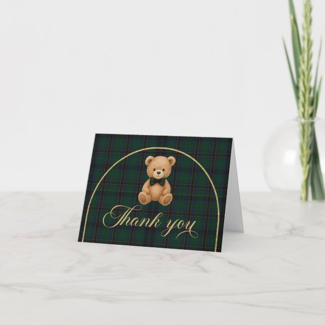 Teddy Bear Tartan Baby Shower Thank You Card (Front)