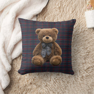 Teddy Bear Tartan Monogram Birth Stats Newborn Boy Cushion