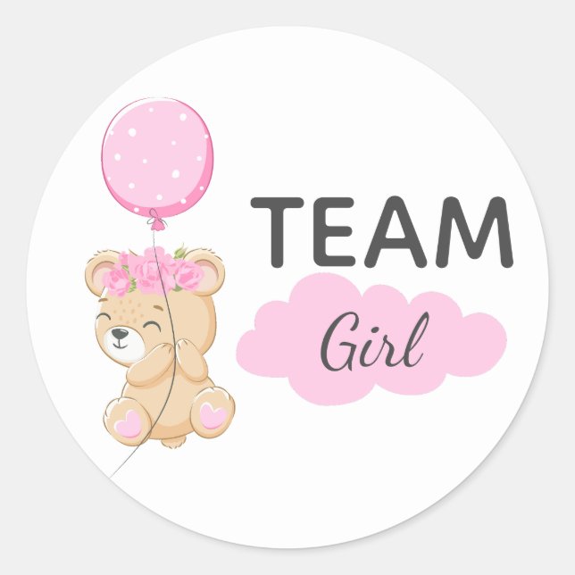 Teddy Bear Team Girl Gender Reveal Party Round Classic Round Sticker (Front)