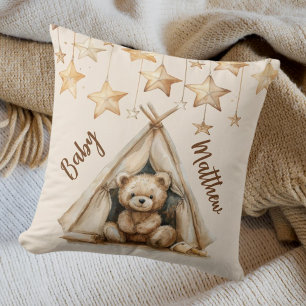 Teddy bear teepee beige brown stars boho nursery cushion