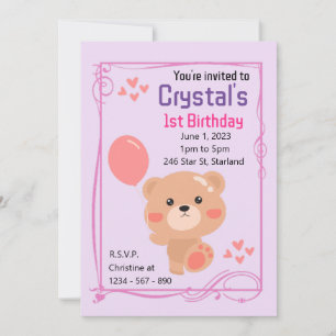 Teddy Bear Theme Girl's 1st Birthday Party Invita Invitation