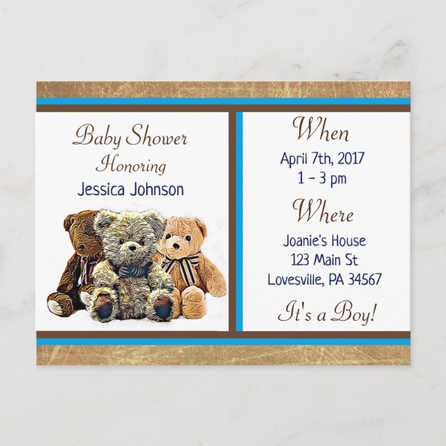 Teddy Bear Themed Boy's Baby Shower Invitation Postcard (Front)