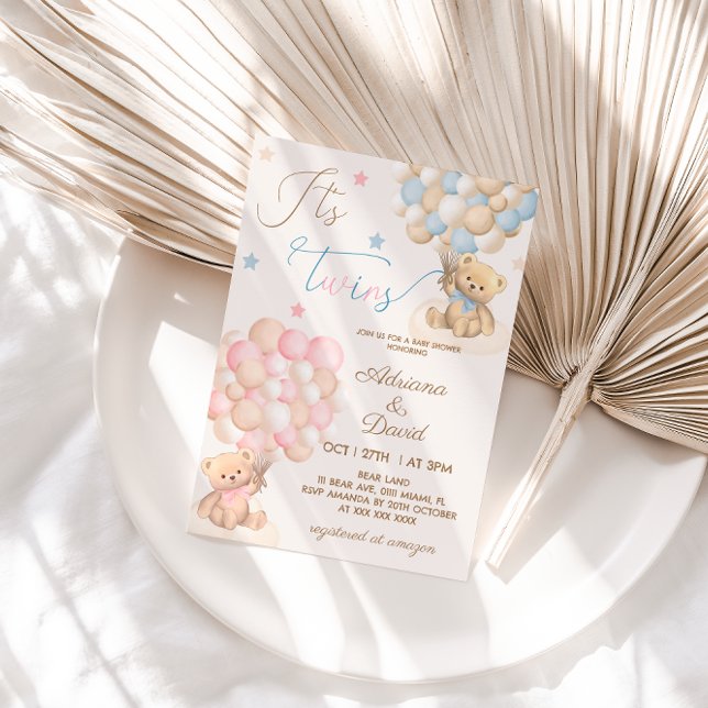 Teddy Bear Themed Twins Boy and Girl Baby Shower Invitation (Creator Uploaded)
