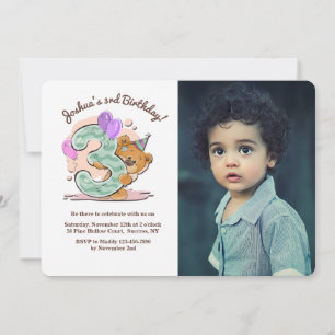 Teddy Bear Three Year Old Photo Invitation