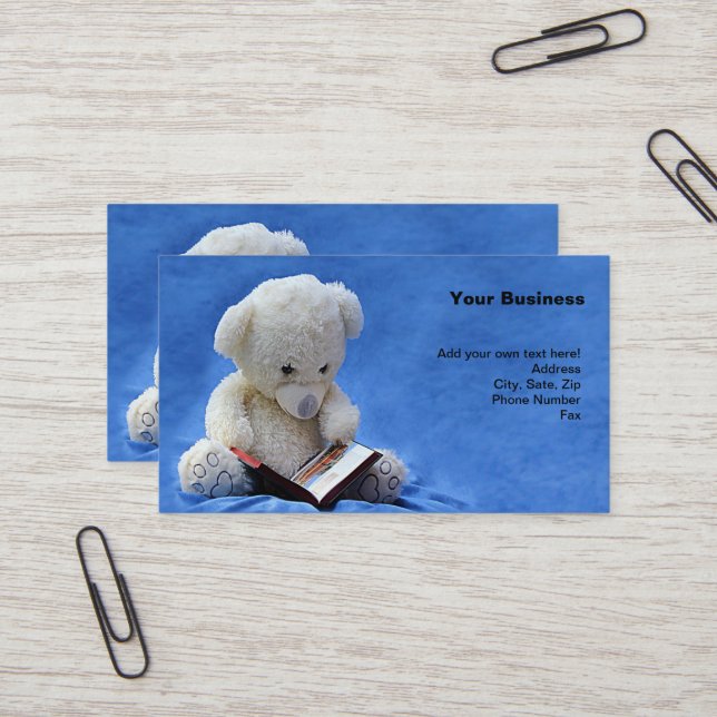 Teddy Bear Time to Read Blue Stuffed Animal, ZKOA Business Card (Front/Back In Situ)