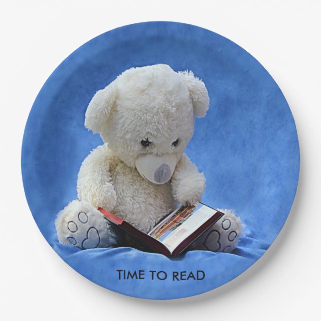 Teddy Bear Time to Read Blue Stuffed Animal, ZKOA Paper Plate (Front)