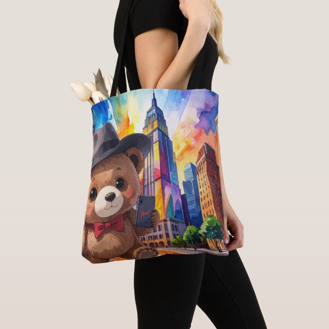 Teddy Bear Touring The City NYC Tourist Vacation Tote Bag (Close Up)