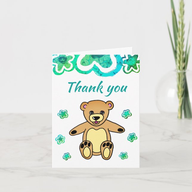 Teddy Bear Turquoise Flowers Baby Shower Thank You Card (Front)