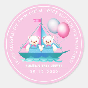 Teddy Bear   Twin Girl Baby Shower Favour Stickers