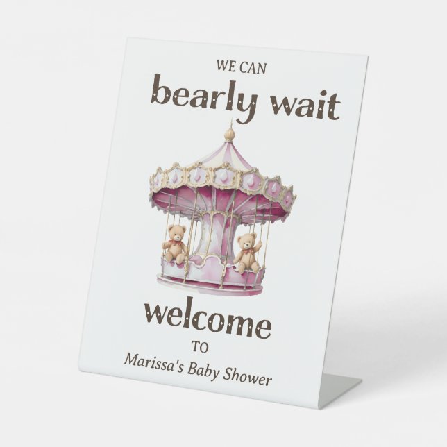 Teddy Bear Twin Girl Baby Shower Welcome Pedestal Sign (Front)