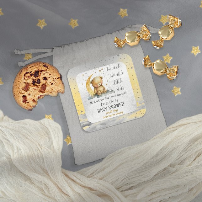 Teddy Bear Twinkle Twinkle Little Star Baby Shower Square Sticker (Create an enchanting baby shower with our Teddy Bear Twinkle Twinkle Little Star collection.  )