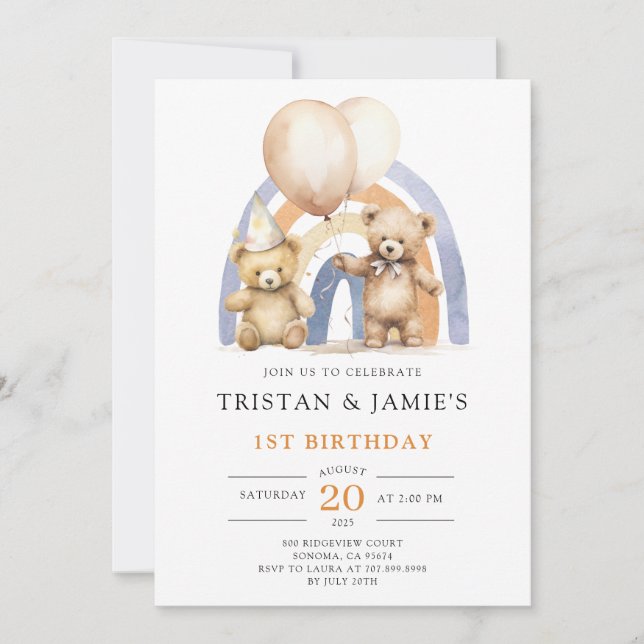 Teddy Bear Twins 1st Birthday Watercolor  Invitation (Front)