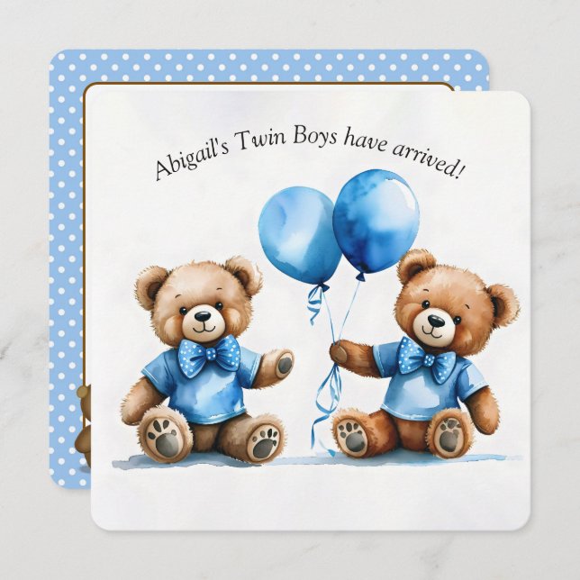 Teddy Bear Twins Baby Boy Shower Invitation (Front/Back)