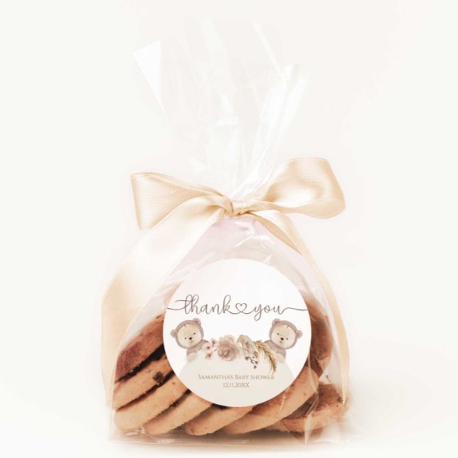 Teddy Bear Twins Baby Shower Favours Thank You   Classic Round Sticker (Creator Uploaded)