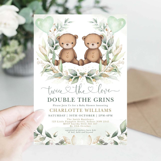 Teddy Bear Twins Baby Shower Greenery Gold Balloon Invitation (Creator Uploaded)