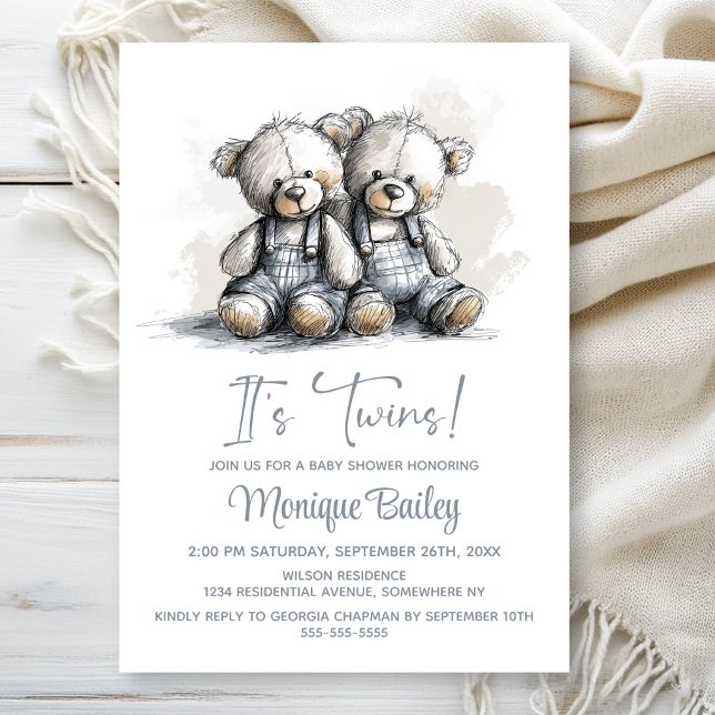 Teddy Bear Twins Baby Shower Invitation (Creator Uploaded)