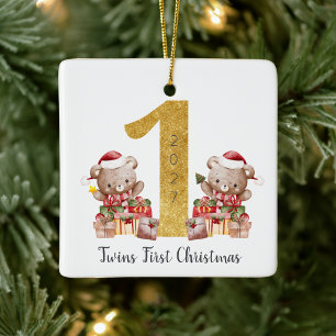 Teddy Bear Twins First Christmas Ceramic Ornament