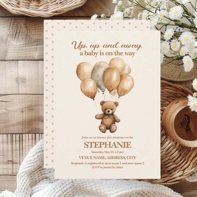 Teddy Bear Up Up Away Gender Neutral Invitation (Vintage teddy bear and balloons gender neutral baby shower invitation)