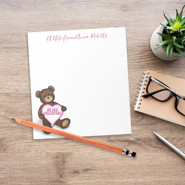 Teddy Bear Valentine's Day Cute Teddy Bear Custom Notepad (Cute Valentine teddy bear desk stationery with personalized name header.)